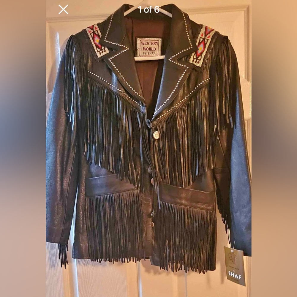 Western World by Shaf Vintage Black Leather Jacket with Fringe Tassels & Beaded - Picture 2 of 10